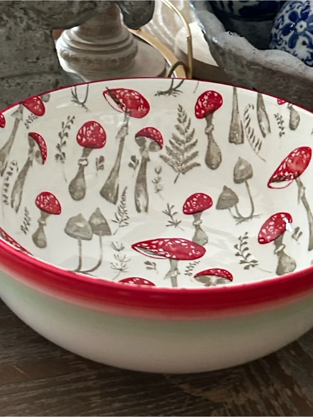 NEW! Vintage Inspired Botanical Garden Wild Red Mushroom Ceramic Bowl